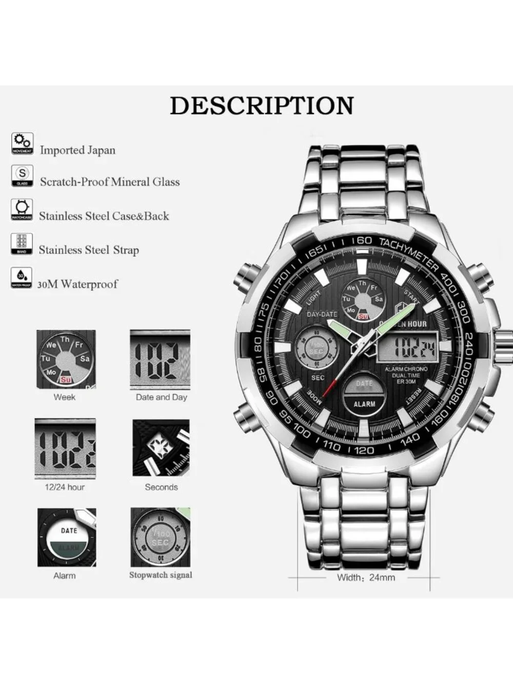 Luxury Waterproof Stainless Steel Analog-Digital Watch for Men - Outdoor Sport